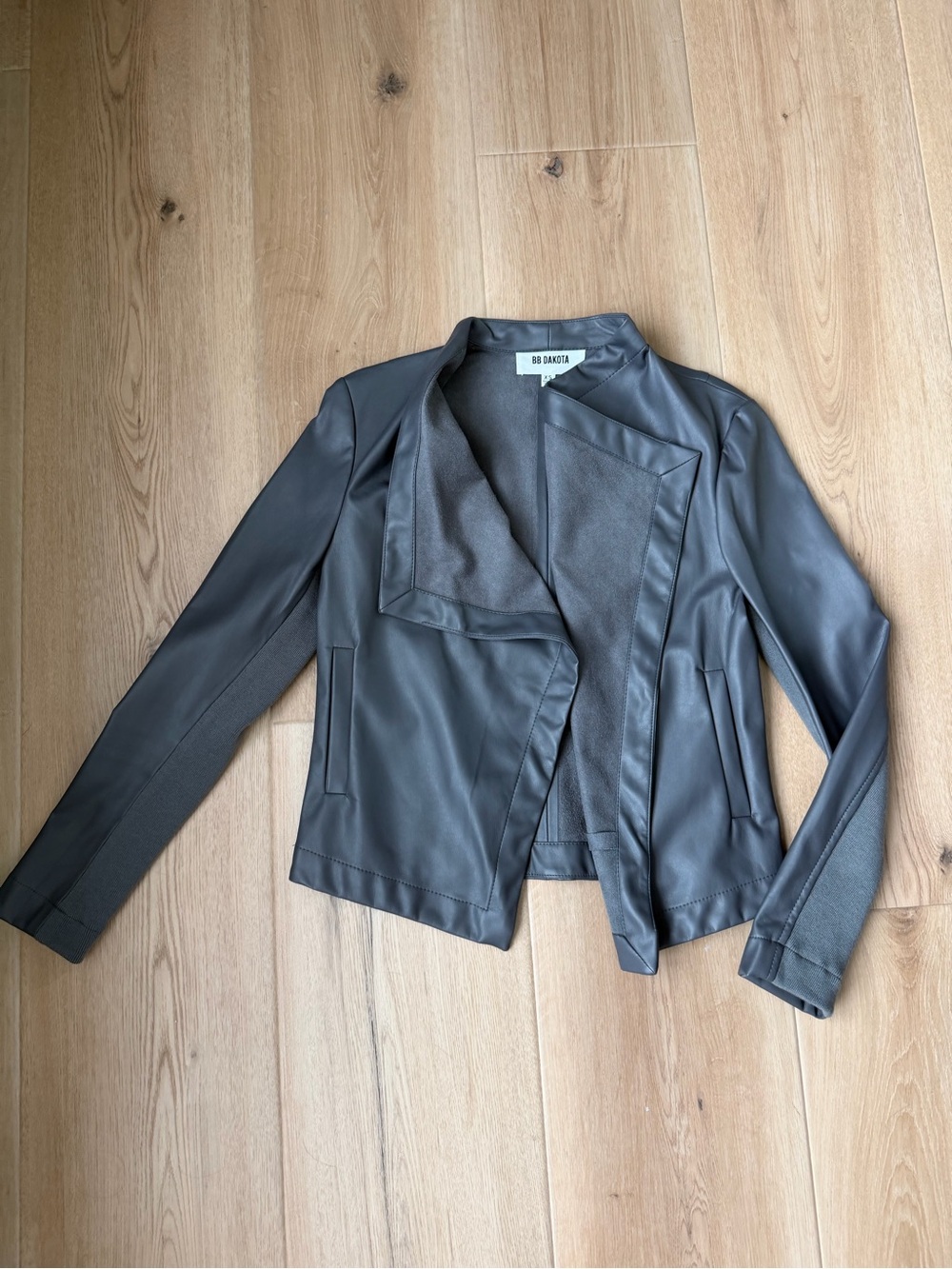 BB Dakota Slate Gray Faux Leather Open Drape Jacket